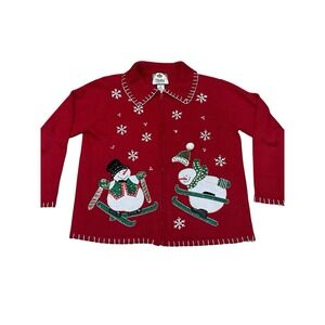 Vintage Tiara International Christmas Cardigan‎ Snowman Holiday Sweater Large